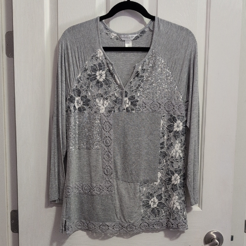 Christopher & Banks Gray Floral Patchwork Long Sleeve Top